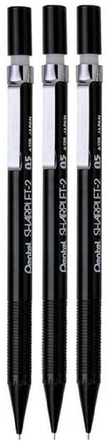 Pentel 0.5mm (A125) Black Sharplet 2 Automatic Pencil Drafting Mechanical Refillable Lead & Eraser A125-A (Pack Of 3)
