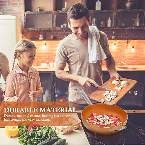 SHINEURI 3 Pieces Nonstick Ceramic Copper Pan Set - 12 Inch Woks and Stir Fry Pans with Lid, 9.5 Inch Round Frying Pan Saute Pan with Stainless Steel Handle for Induction, Gas, Electric & Stovetops - Thumbnail 2