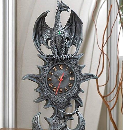Medieval Dark Tower Royal Dragon Sculpture Statue Table Clock Faux Stone Stand