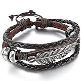 INBLUE Men,Women's Alloy Leather Bracelet Bangle Cuff Silver Tone Brown Angel Wing Feather Adjustable
