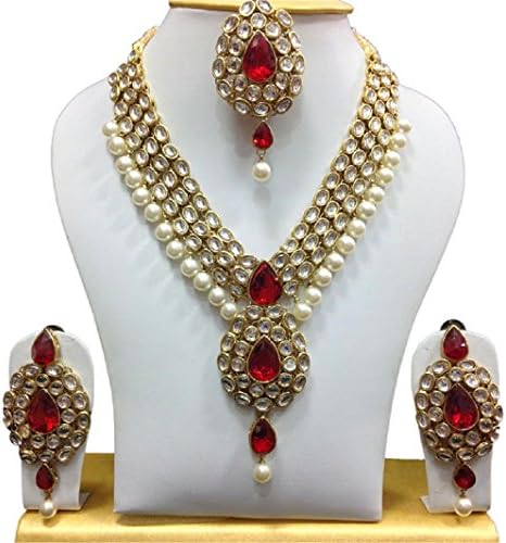 Wedding Women Bridal Red Stone Kundan Jewelry Bollywood Inspired Indian Necklace Set