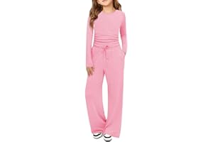 Haloumoning Girls 2 Piece Outfits Kids Ruched Long Sleeve Tops and Wide Leg Pants with Pockets Sweatsuit Clothing Sets