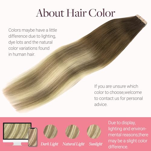 GOO GOO Adhesive Hair Extensions Natural Hair, 50 cm 20pcs 50 g Walnut Brown to Ash Brown and Whitish Blonde Hair Extensions, Remy Hair Extensions Natural Real Human Hair