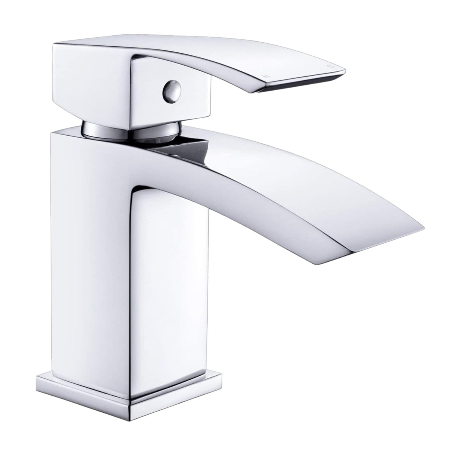 Bathroom Basin Sink Mixer Taps with Waterfall Spout, Square Moono Bathroom Sink Tap Single Lever Monobloc Brass Chrome Basin Taps 1 Hole with Hot and Cold Hoses