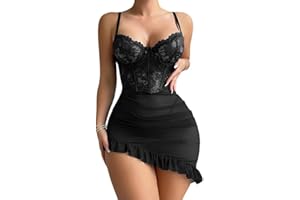 MANJIAMEI Women's Lace Babydoll Lingerie, Sexy Adjustable Mesh Babydoll Nightwear Strap Dress with Thong for Hen Nights