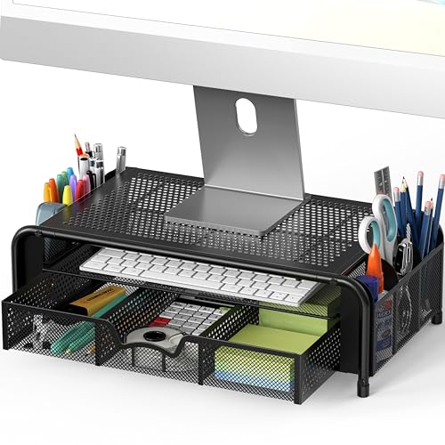 Simple Houseware Monitor Riser Stand with Pull-Out Drawer and Pen Holders, Black