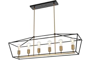 BONLICHT Transitional Farmhouse Chandelier Black Rectangle 6 Light Kitchen Island Lighting Modern Linear Pendant Lights Brushed Brass Dining Room Lighting Fixture Hanging Ceiling for Entryway Bedroom