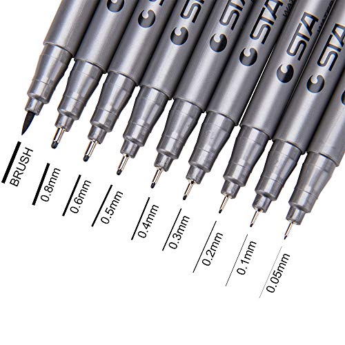 Drawing Sketching Pencils Set Micro-Line Inking Pens Anti-Bleed Ultra Fine Tip Pens 9Pcs Set for Artist Illustration/Technical Drawing/Office Documents (Silver)