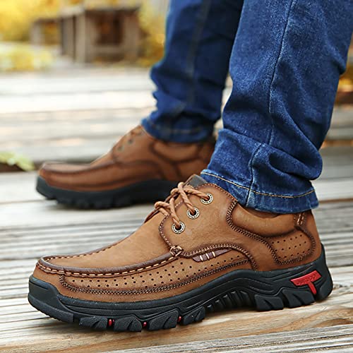 COSIDRAM Men Casual Shoes Loafer Sneakers Genuine Leather Moccasins Comfort Walking Shoes Luxury for Male Lace up Brown 10