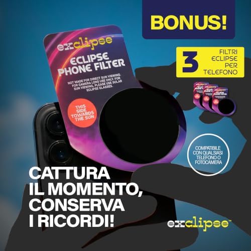 Occhiali per Eclissi Solare 10 Pack con 3 Filtri per Smartphone – Certificati ISO 12312-2 e CE & UKCA, Kit Completo per Osservare e Fotografare l’Eclissi 2026