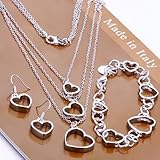 preciastore Women's 925 Sterling Silver Heart Necklace, Bracelet and Earring Set