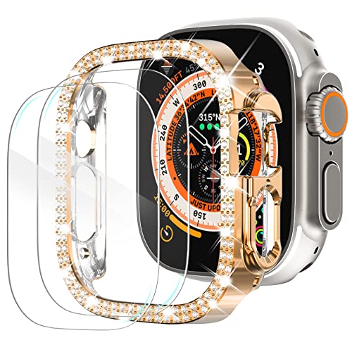 KADES for Apple Watch Ultra2 Case 49mm [1+2 Pack] Screen Protecor 49mm Double Rows Diamonds Bling Case with Tempered Glass Film, Crystal Shiny Hard PC Screen Protector (Rose Gold,49mm)