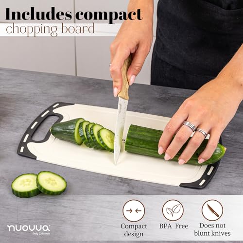 Cooking Utensils Set with Chopping Board – Knife Set with Block – Heat Resistant Silicone Utensils with Wooden Handle, Spoons, Ladles & Spatula – Kitchen Tools & Accessories – 17pcs, Cream – by Nuovva