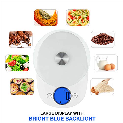 Digital Food Scale Weight Grams and Ounces, Kitchen Scales for Cooking Baking with Large Display Tare Feature Sensitive Kitchen Scale Glass Platform, 11 pounds, White by CHARMLINE