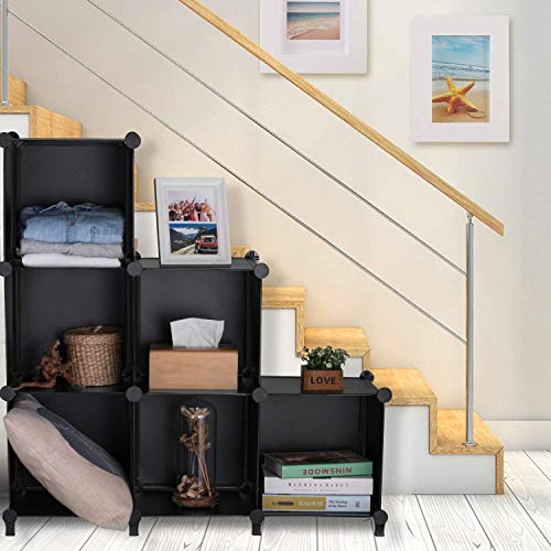 GuanJun Storage Organizer 6 Cubes,Modular Shelves, DIY Plastic Closet Cabinet,Storage Shelves for Bedroom, Living Room, Office, Black with Rubber Hammer (Black, 6 Cube)