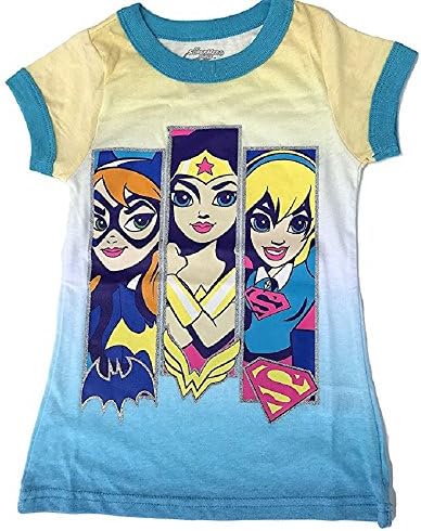 DC Superhero Girls Trio Bat Girl Wonder Woman Super Girl Ringer Tee Shirt Glitter Accents (Small (6-6X))