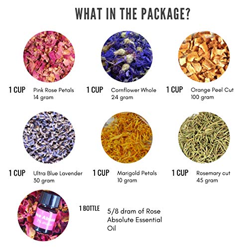 bMAKER Bulk Flower Kit - Lavender, Pink Rose Petals, Calendula Petals, Rosemary, Orange Peel and Cornflower Whole with 5/8 Rose Absolute Essential Oil