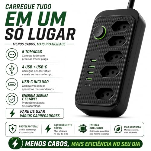 Filtro de Linha 2500W Bivolt com 4 USB + 1 USB-C, 5 Tomadas 3 Pinos, Cabo 2m, Proteção Contra Sobrecarga, Interruptor Liga/Desliga, Régua de Energia para TV, PC, Notebook, Escritório e Setup Gamer