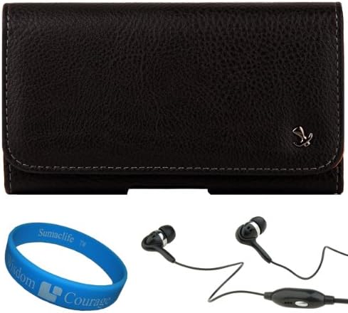 Black Textured Faux Leather Executive Horizontal Holster Case w/ Fixed Belt Clip (SAM061) for Samsung Galaxy S III / S3 Android Smartphone + Black 3.5mm Handsfree Hifi Noise Isolating Stereo Headphones with Windscreen Mic + SumacLife TM Wisdom Courage Wristband