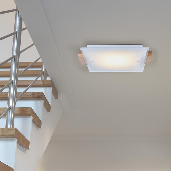 LHG LED Deckenleuchte 24W warmweiß, Deckenlampe Glas und Holz Eiche