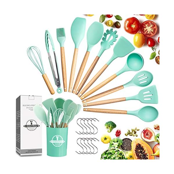 LKKCHER-Kitchen-Utensil-Set-12-Piece-Silicone-Kitchen-Gadget-for-Cooking-Baking-BBQ-Non-Stick-Non-Scratch-Cookware-Set-with-Wooden-Handle-Heat-Resistant-Silicon-Tongs-Spatula-Tool-Set-with LKKCHER 22PCs Silicone Kitchen Utensils Set with Holder, Heat Resistant Cooking Utensils Set, Silicone Utensil Set with…