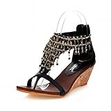 Carol Shoes Fashion Women's Tassels Zipper Chains Beaded T-straps Bohemian Style High Heel Wedges Sandals