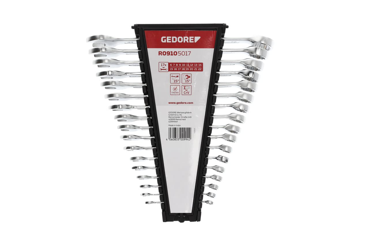 Gedore Red Combination Spanner Set, 17 Pieces, SW 6-22, Chrome Vanadium Steel, Silver
