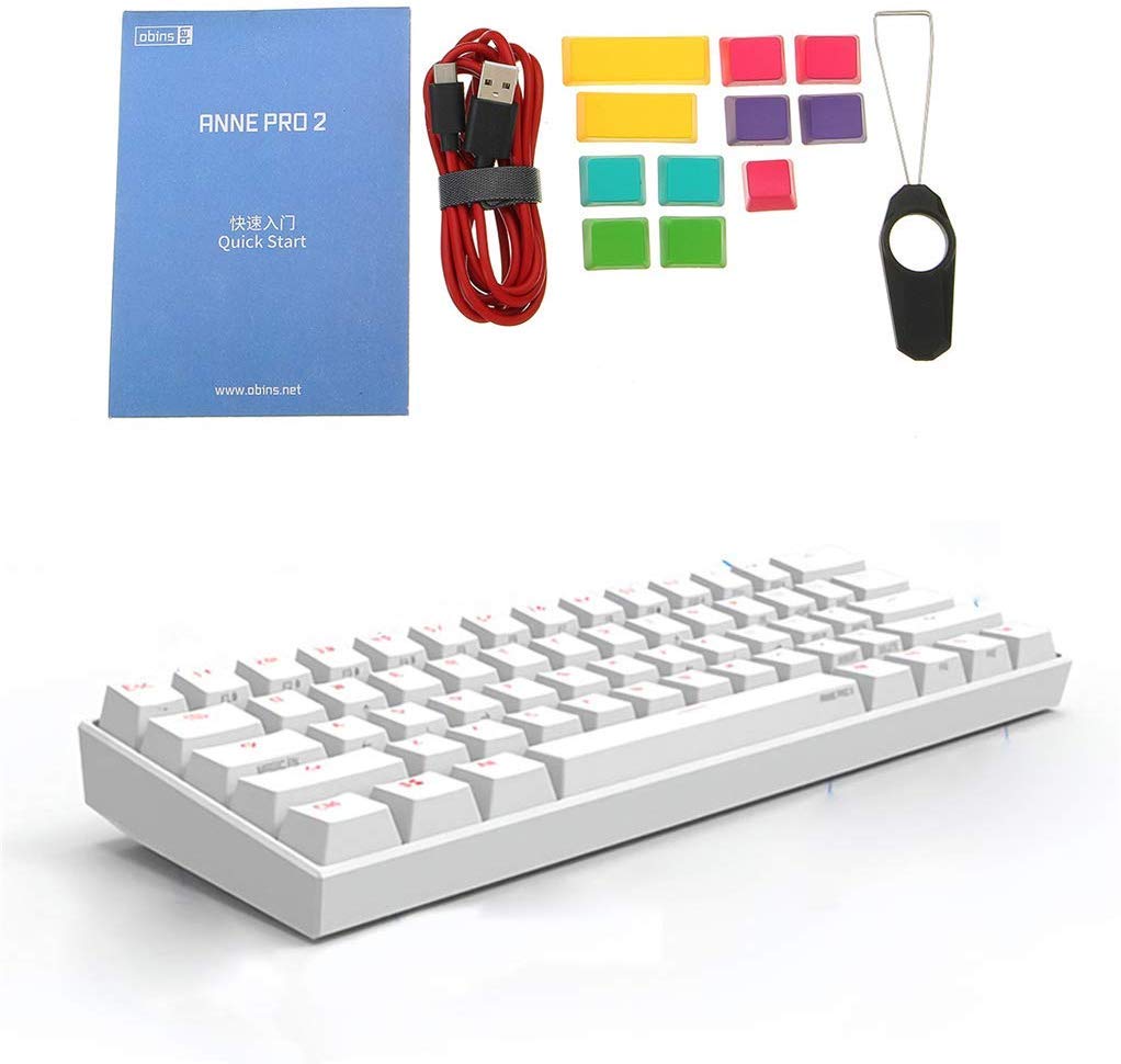 TzBBL Anne Pro 2 Mechanical Gaming Keyboard 60% True RGB Backlit - Wired/Wireless Bluetooth 4.0 PBT Type-c Up to 8 Hours Extended Battery Life, Full Keys Programmable (Cherry MX Brown Switch, White)