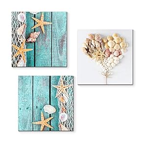 3 Piece Canvas Wall Art for Living Room Bedroom Home Artwork Starfish Shell Fishing Net Sands Beach Paintings Ready to Hang - 12"x12"x3 Panels