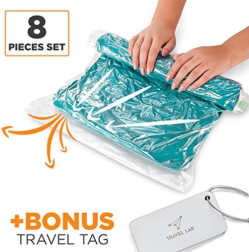 8 Travel Storage Bags for Clothes -  Space Saver | No Vacuum or Pump Needed - Roll-Up Compression Bags for Travel, Home | 4 Large and 4 Medium - Plus Luggage Tags