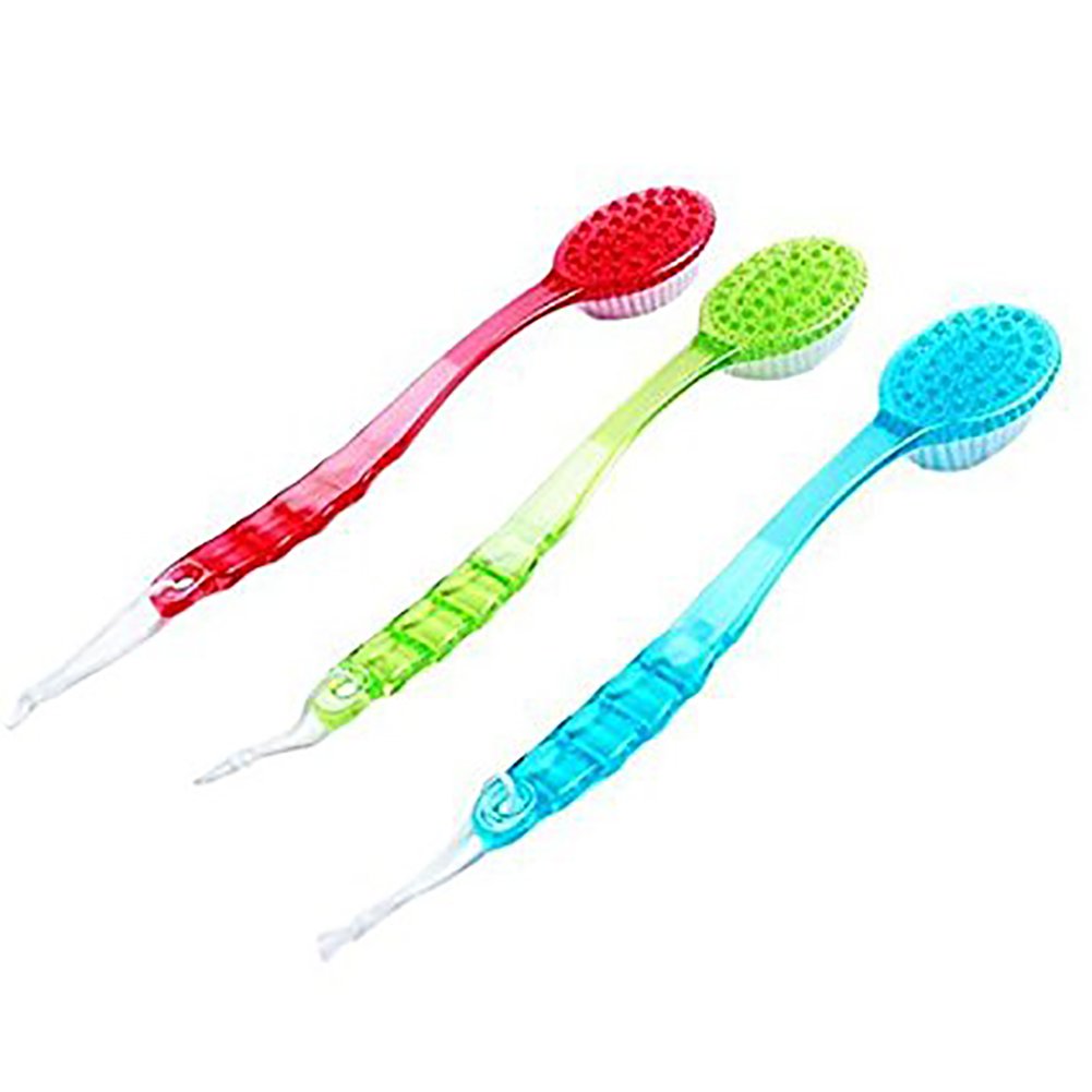 DesignerBox 3 PACK Long Handle Plastic Bath Shower Brush Skin Cleaning Back Scrubber Massager Brush, Red + Green + Blue