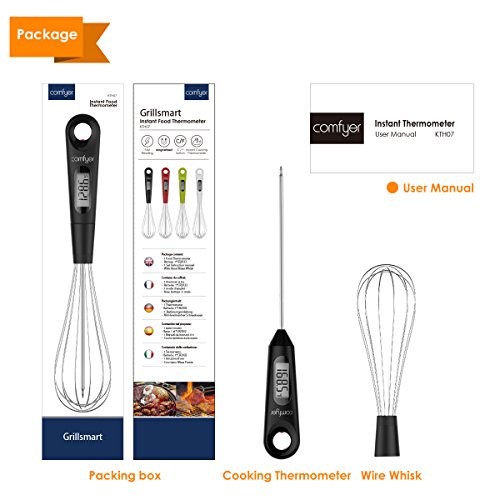 Meat Thermometer, COMFYER 2 In 1 Food Cooking Instant Read Thermometer With Stainless Steel Wire Whisk, 6.5 Inch Probe For Candy BBQ Grill Kitchen Smoker Oven Fry Food Milk Homebrewing
