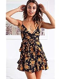 HOYMN vestido de espagueti para mujer, vestido de playa de verano con estampado floral, sin mangas, cuello en V, corto, mini vestido con cinturón