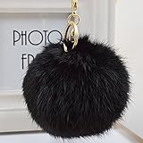 Minigianni Rabbit Fur Ball Pom Pom Keychain Gold Plated Keychain for Handbag Wallet Purse Car Key (Black)