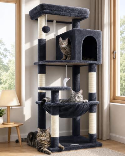Globlazer Cat Tree 137 cm with Extra Large Hammock 45 x 40 cm, Large Kennels, Padded Platform, Easy to Install Indoor Cat Trees for Adult Cats, Rest Game Scratching (F53, Dark Grey)