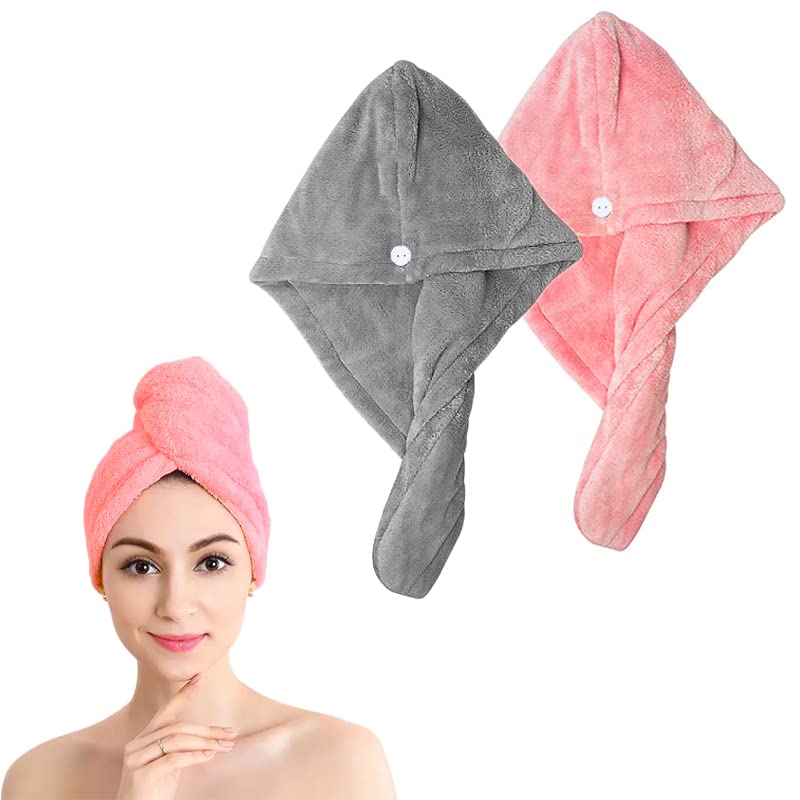 Shakeel Pack of 2 Microfiber Hair Towel Wrap | Super Absorbent Hair Turbans for Quick Dry, Wrap Towel with Buttons, Anti-frizz, Pink and Grey