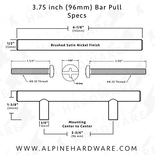[50 Pack] Bar Handle Pull: Fine-Brushed Satin Nickel Finish | 3.75" (3-3/4") 96mm Hole Center | Kitchen Cabinet Hardware/Dresser Drawer Handles By: Alpine Hardware (3.75 IN C to C, 50 Pack) - Thumbnail 4