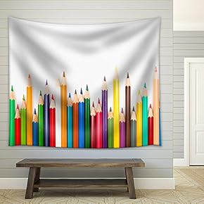Pattern of Color Pencils Isolated on White Background Close Up - Fabric Wall Tapestry Home Decor - 51x60 inches