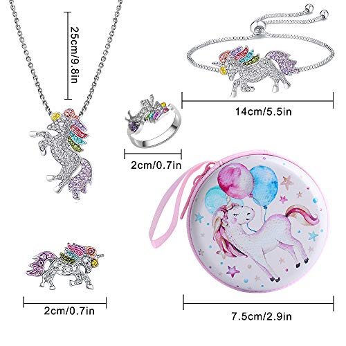 Hicdaw 7PCS Necklace for Unicorn Jewelry Set Include Bracelet Stud Earrings Coin Purse Ring Gift for Girls