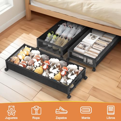 2Pcs Zapatera Bajo Cama con Ruedas, Caja de almacenamiento debajo de la cama con Asas Metálica y Tapa transparente, Organizador de Almacenamiento de Gran capacidad para guardar ropa、zapatos、edredones