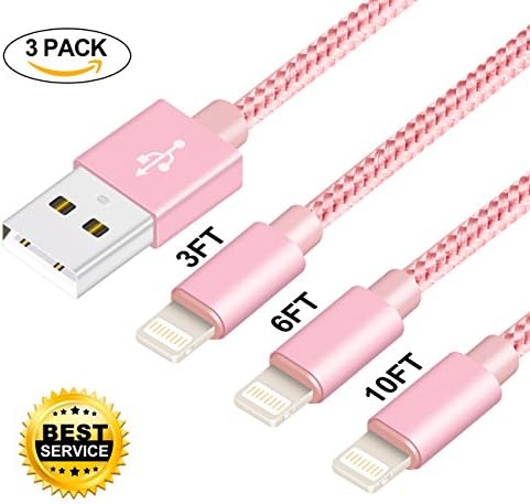 Manyi 1 Charger Lightning Cable 3Pack 3FT 6FT 10FT Nylon Braided Syncing and Charging Cord Compatible with Iphone 8/X/7/7 Plus/SE/5/6/6s/Plus/Ipad Mini/Air/Pro (Pink)