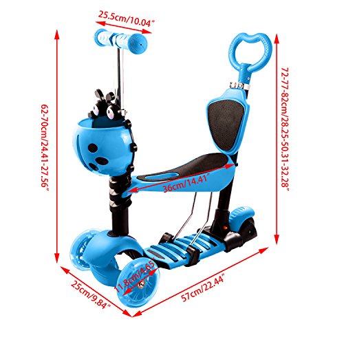 Bluefringe Kick Scooter 3-in-1 with Removable Seat Great,Adjustable Three Wheel Scooter for Girls & Boys â€“ Fun Outdoor Toys for Kids Fitness, Outside Games,with LED PU Wheels