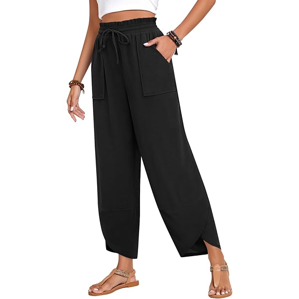 LLLUSORY Women's Lnen Summer Palazzo Pants Flowy Wde Leg Beach Pants Wth Pockets | Lnen
