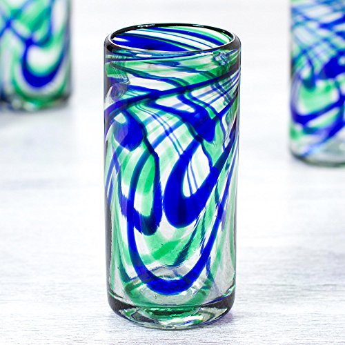 NOVICA Blue And Green Swirl Hand Blown Glass Highball Glasses, 11 Oz