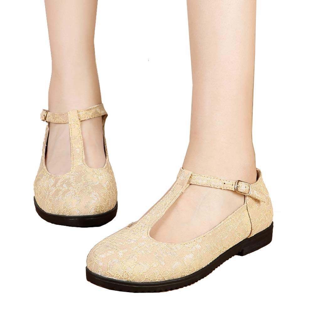 getmorebeauty Women's Beige Mary Janes Flats T Straps with Lace Wedding Shoes Low Heel Shoes (US 8, Beige)