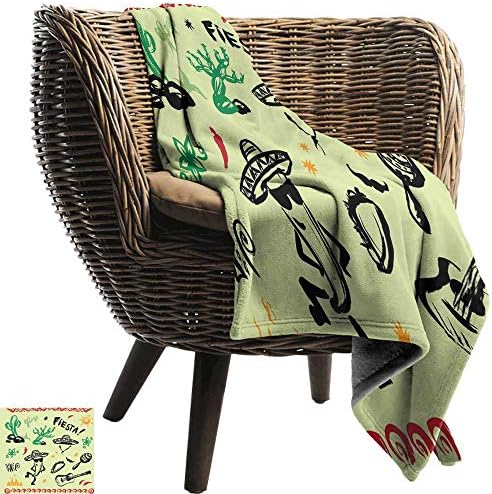 WinfreyDecor Mexican Blanket Sheets Popular Hispanic Cartoon Objects with Fiesta Taco Guitar Cactus Plant Nachos Print Sofa Chair 60" Wx40 L Multicolor