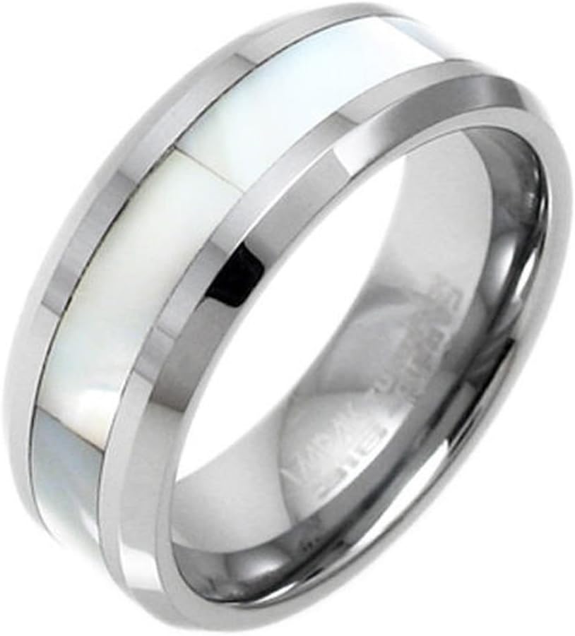 Vooxoo Fashion Design Tungsten Men'S Mother Of Pearl Inlaid Stripe Beveled Band Ring Size 9-13
