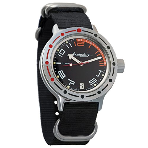 Vostok Amphibian Automatic Mens WristWatch Self-winding Military Diver Amphibia Case Wrist Watch #420474 (black)