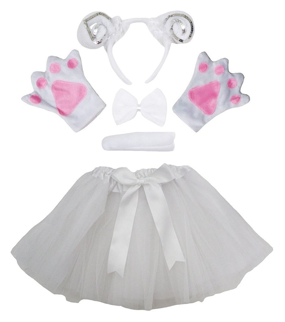 Petitebelle Headband Bowtie Tail Gloves Tutu 5pc Girl Costume 1-10y (Sheep(Silver), 1-5 Years)