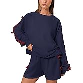 D-Sun Women's Velvet Bow Sweatshirt Long Sleeve Crew Neck Pullover Sweatshirt Loose Y2K Vintage Knitted Sweatshirt